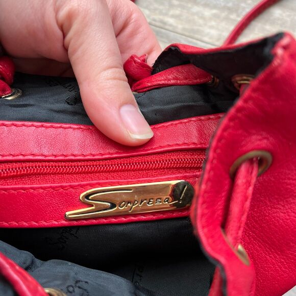 Vintage Leather Bag Lipstick Red 70s 90s Sopresa! Buckle Bucket Bag Small Funky - Picture 6 of 10